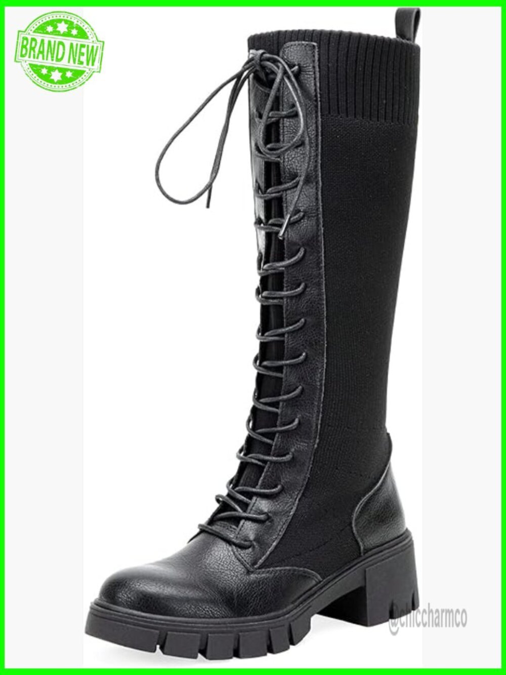 Knee High Chunky Heel Combat Boots Lace Up Platform Womens Shoes
